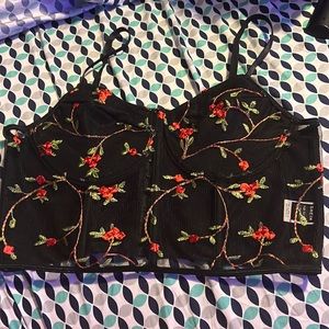shein corset crop top, black with red and green flowers